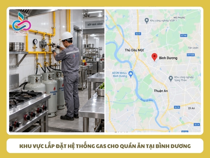 Khu vực lắp đặt hệ thống gas cho quán ăn tại Bình Dương
