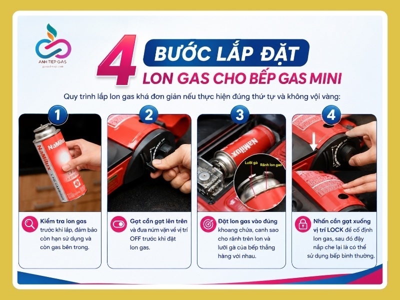 4 bước lắp đặt lon gas cho bếp gas mini