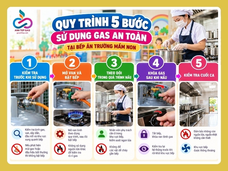 Quy trình 5 bước sử dụng gas an toàn tại bếp ăn trường mầm non